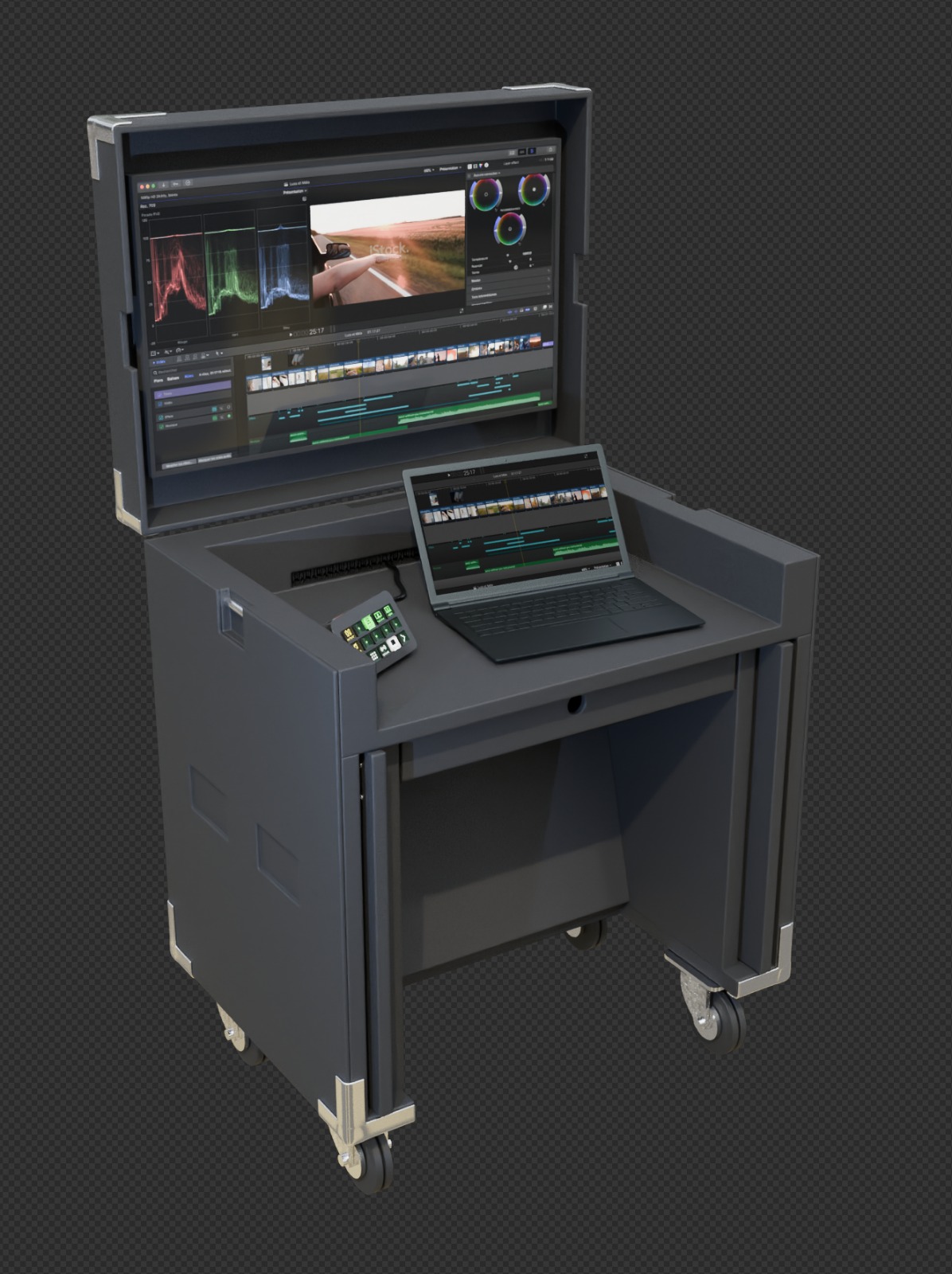 BoxStudio, poste complet déployé : écran, ordinateur portable et console de régie